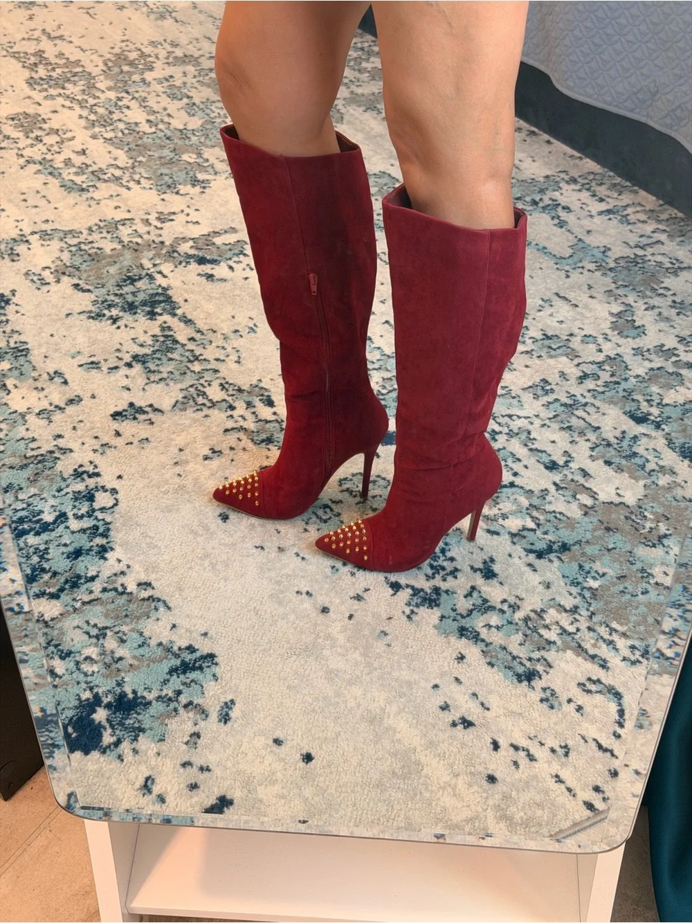 Shoe Dazzle Burgundy Suede Over-the-Knee Studded Pointed Boots